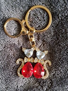 Gold-Tone Keychain with Red and Clear Crystal Cats